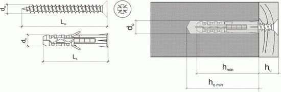 Rysunek techniczny kołka rozporowego z wkrętem KRX