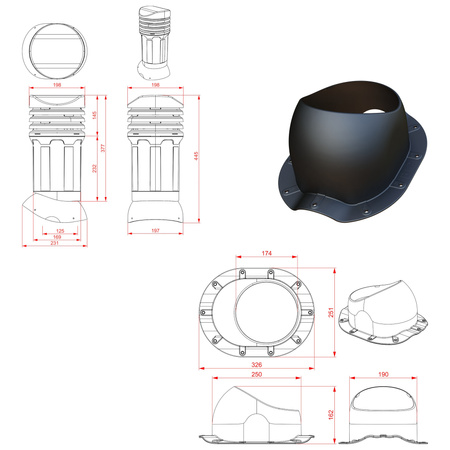 Kominek wentylacyjny izolowany DN125 mm Parotec do blachodachówki - Profil B12