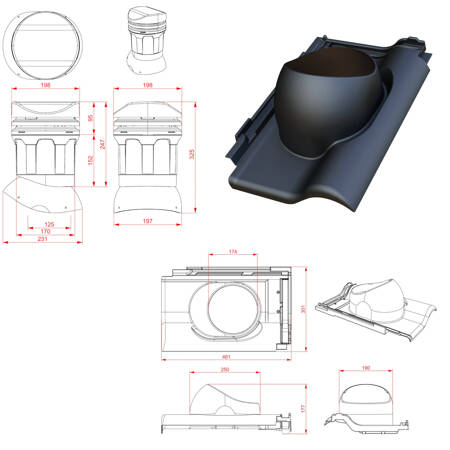 Kominek wentylacyjny niski DN125 mm Parotec do dachówki ceramicznej